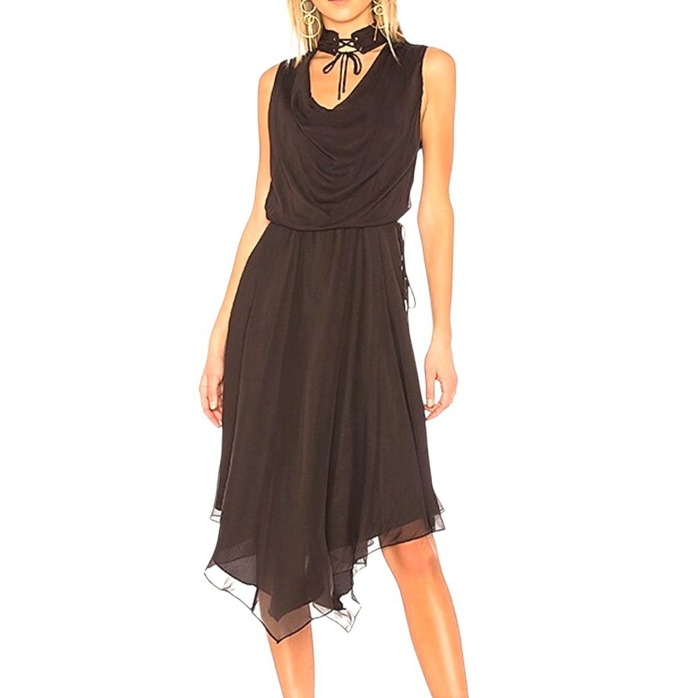 Brown Silk Cowl Neck Handkerchief Hem Dress Lace Up Choker Collar